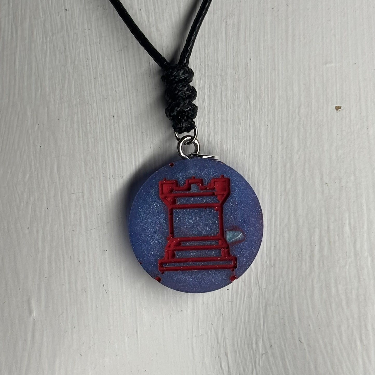 Blue & Red Rook - Handmade Resin Chess Necklace