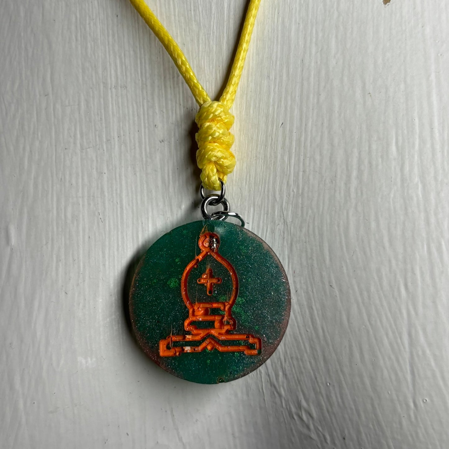 Green & Orange Bishop - Handmade Resin Chess Necklace