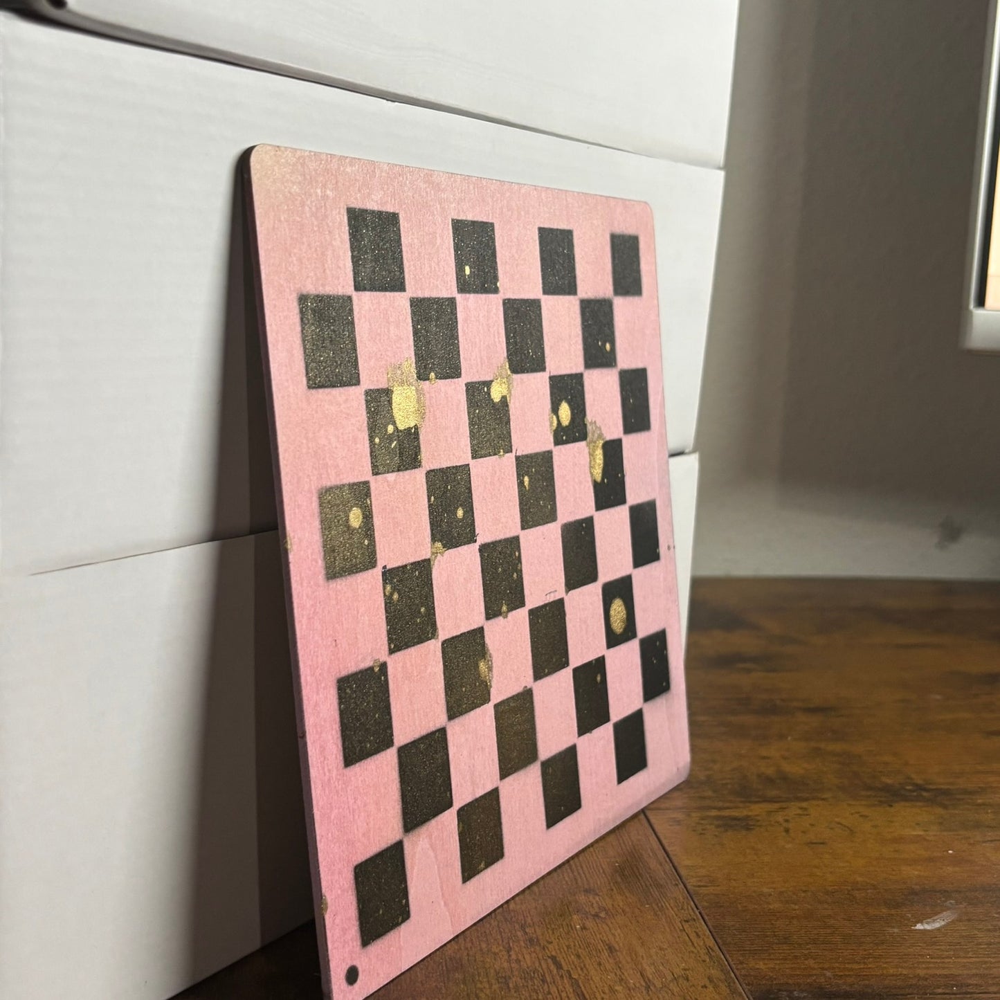 Pink Black & Gold - Painted Thin Wooden Chess Board