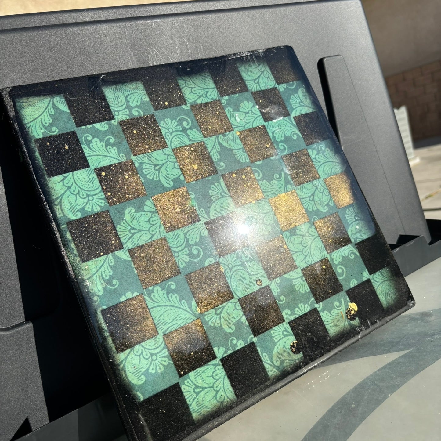 Gold Spotted Vintage Green - Resin Coated Chess Board