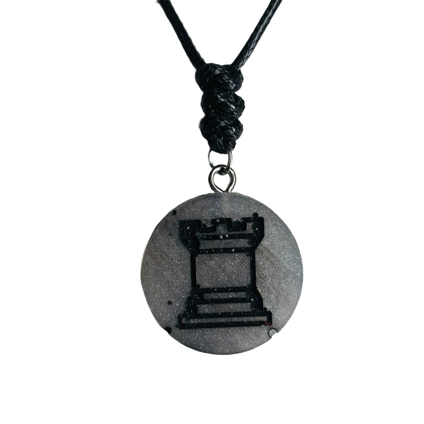 Dark Silver Rook - Handmade Resin Chess Necklace