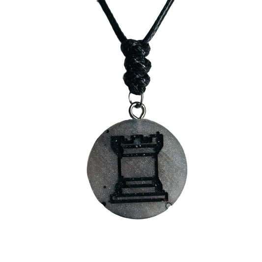 Dark Silver Rook - Handmade Resin Chess Necklace