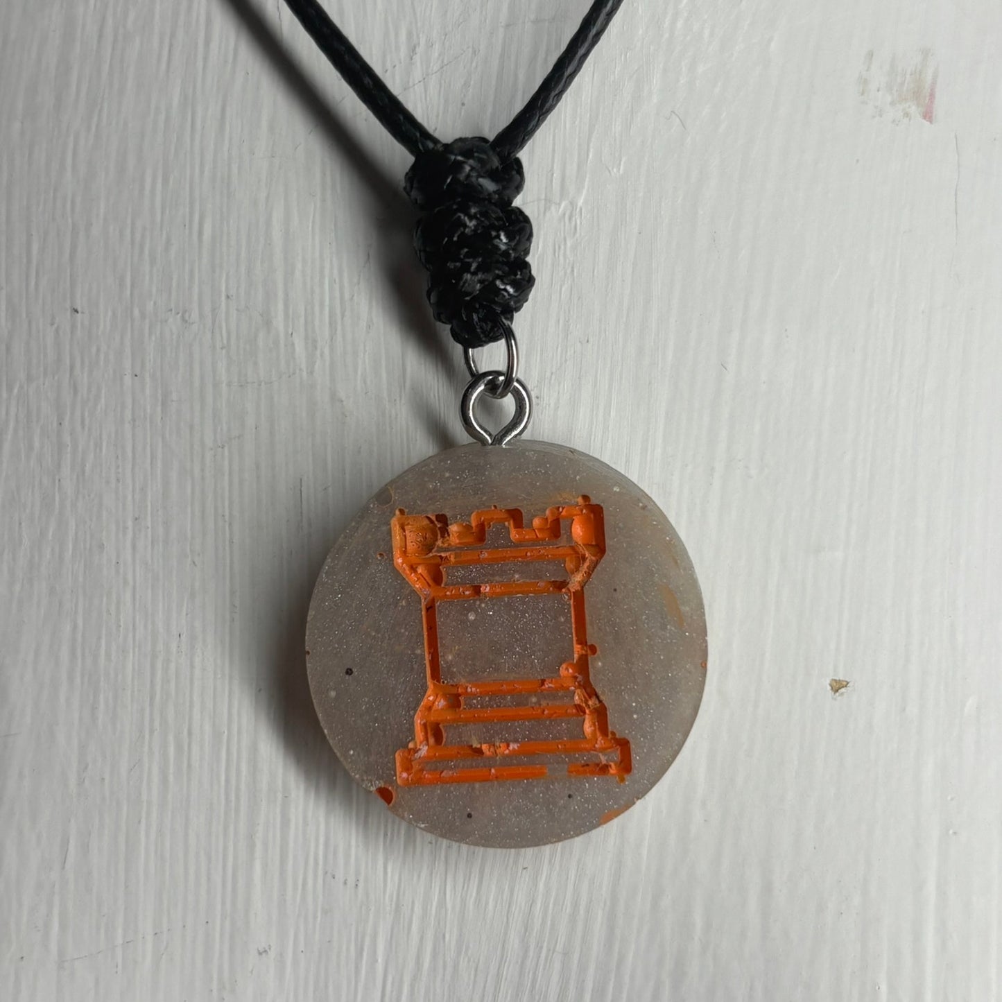 Silver Orange Rook - Handmade Resin Chess Necklace