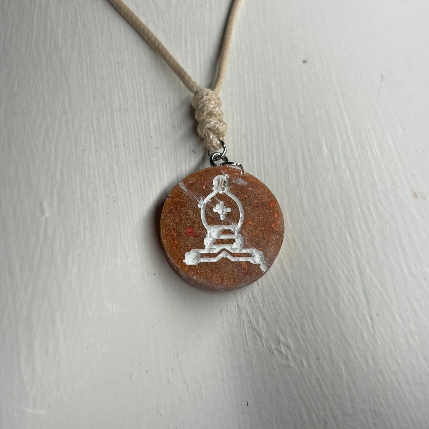 Cream Crystal Orange Bishop - Handmade Resin Chess Necklace