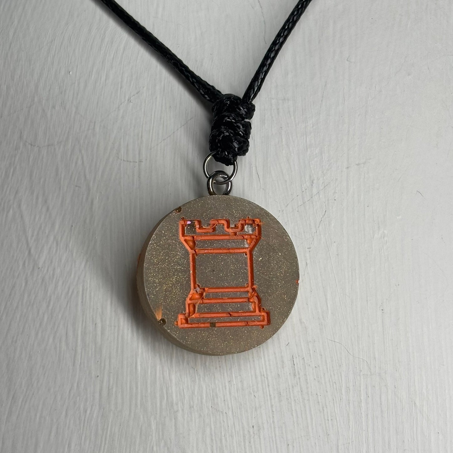 Orange Print Rook - Handmade Resin Chess Necklace