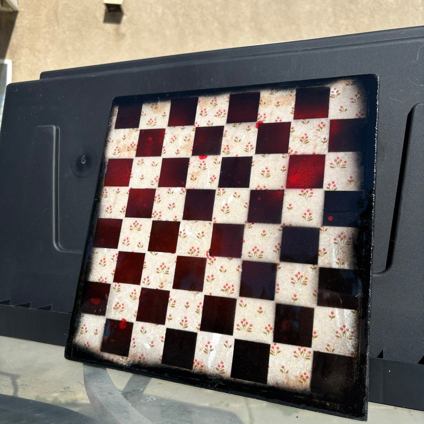 Vintage Red Flowers - Resin Coated Chess Board