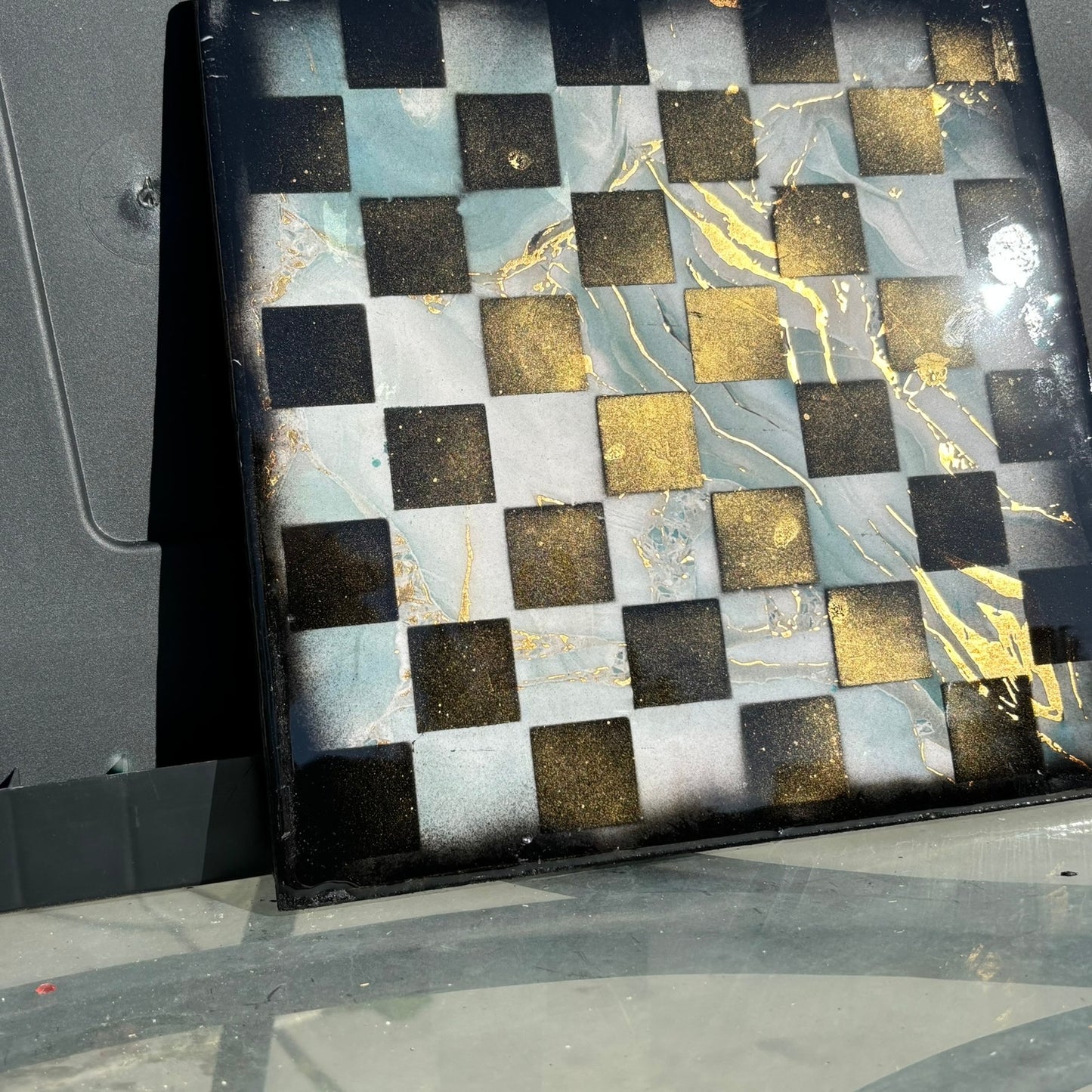 Golden Sky Blue Marble Style - Resin Coated Chess Board