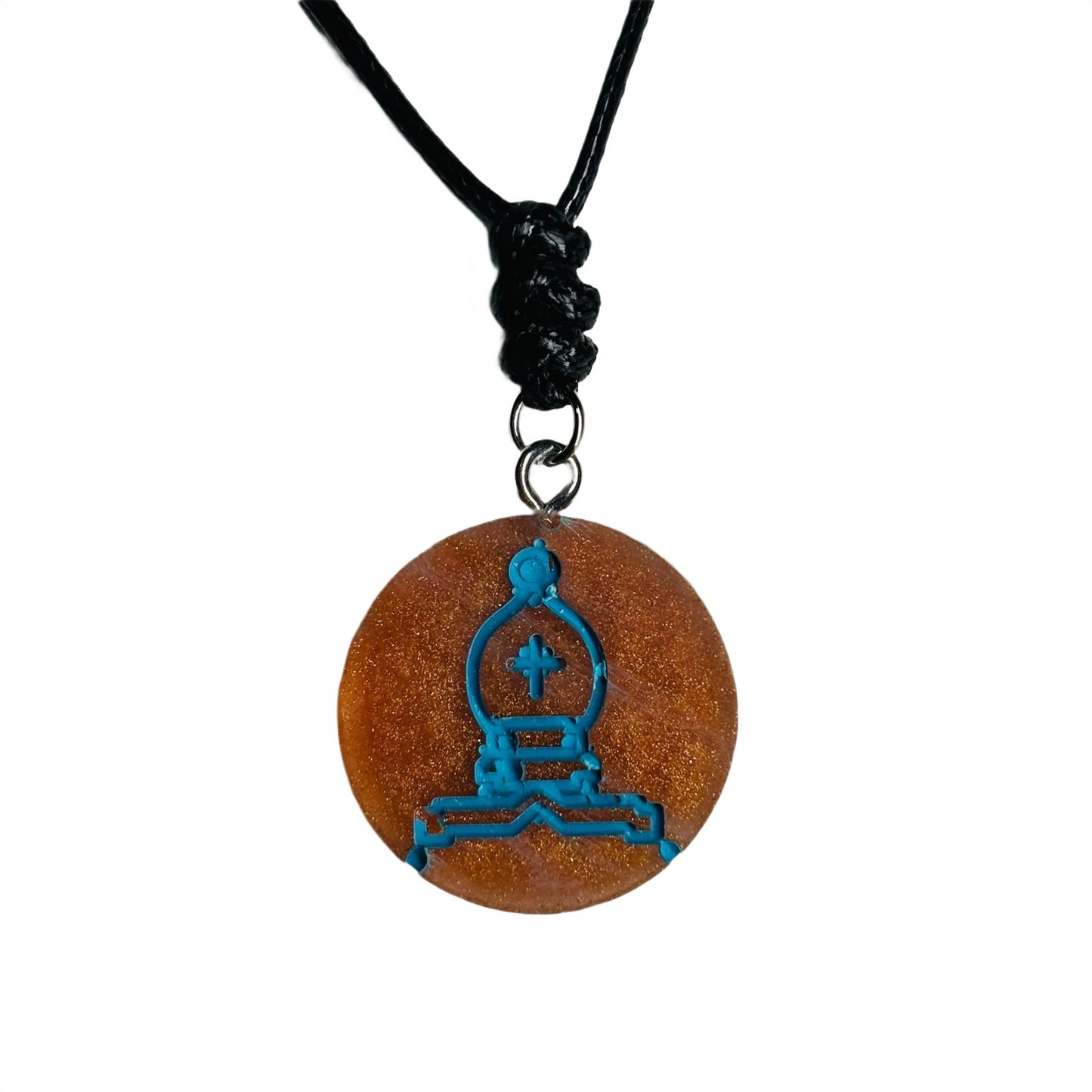 Blue Flamed Bishop - Handmade Resin Chess Necklace - Flat Edition