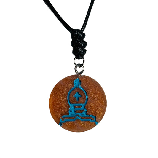 Blue Flamed Bishop - Handmade Resin Chess Necklace - Flat Edition