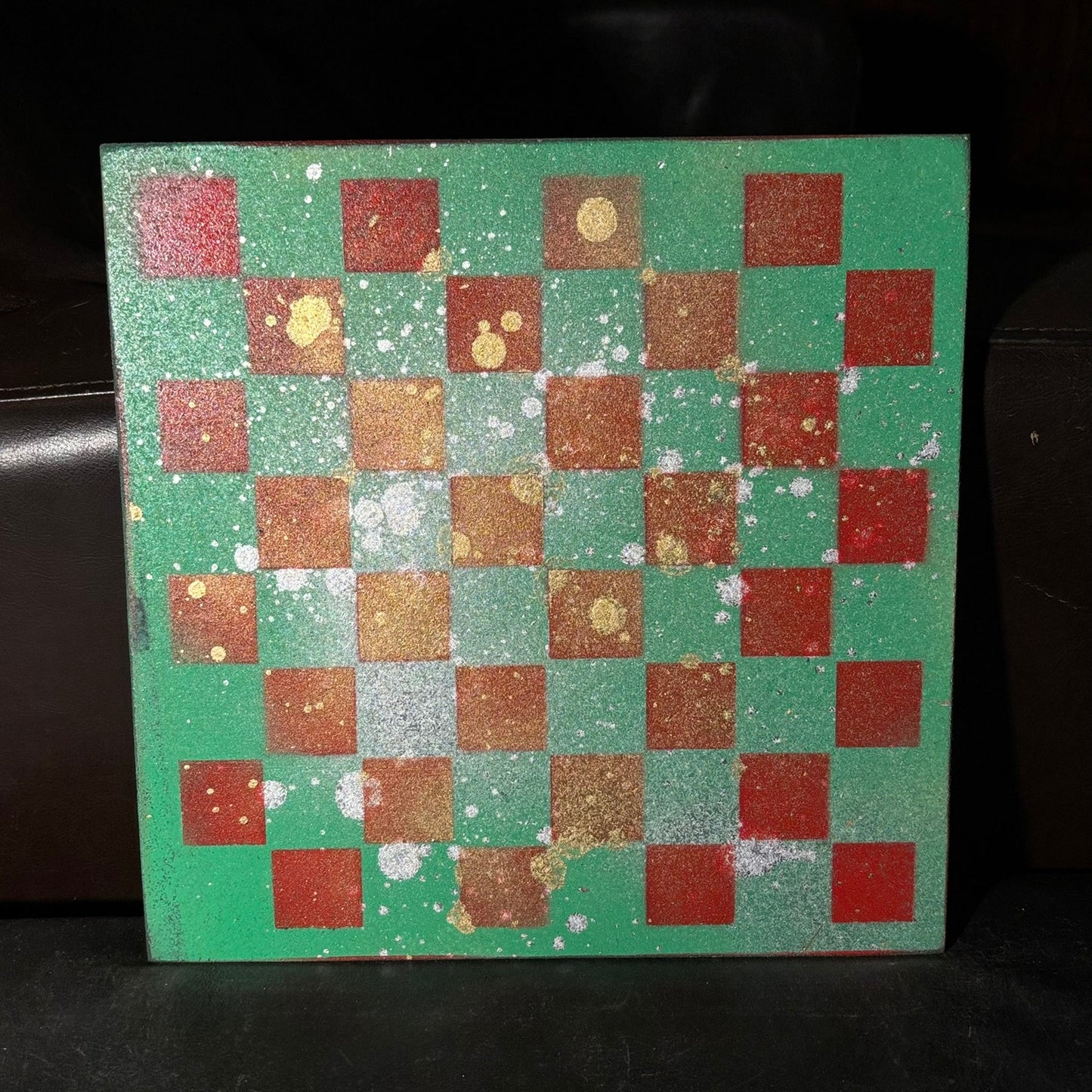 Splattered Green & Red - Painted Chess Board