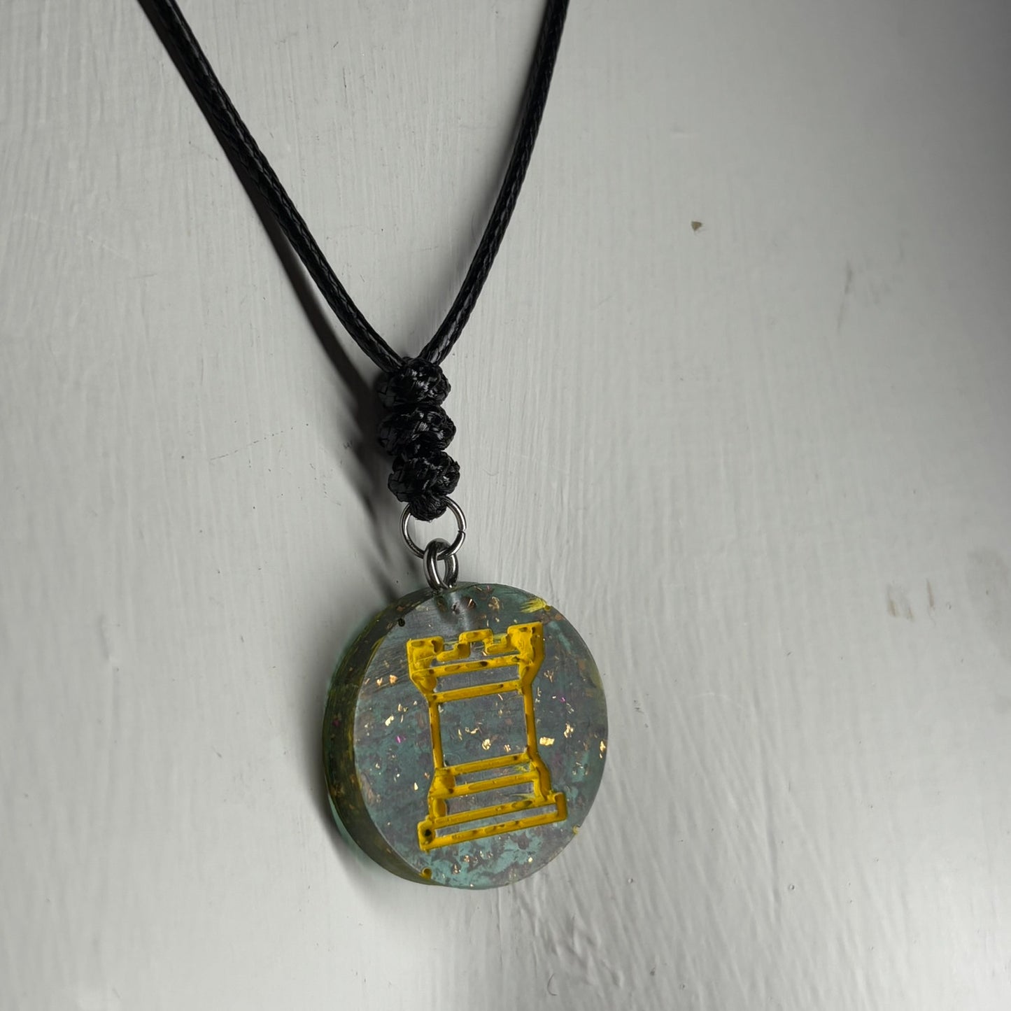 Forest Green Crystal Rook - Handmade Resin Chess Necklace