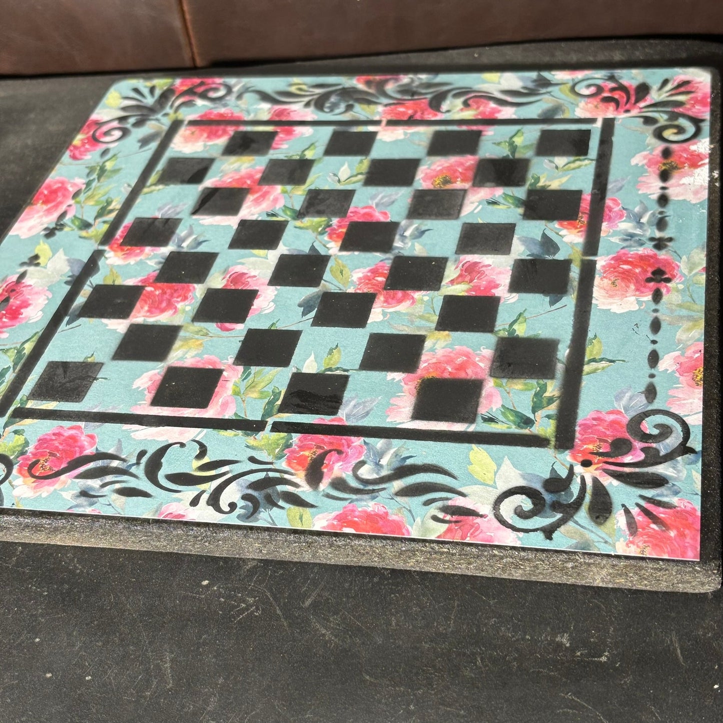 Mint Green Pink Flowers - Scrapbook Chess Board