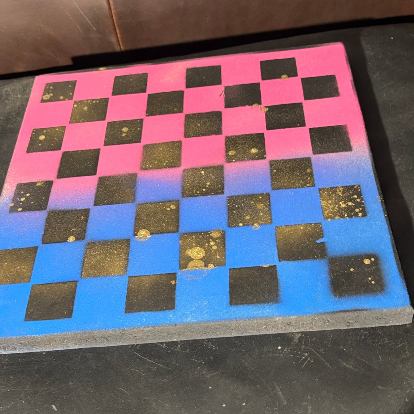Splattered Golden Pink & Blue - Painted Chess Board