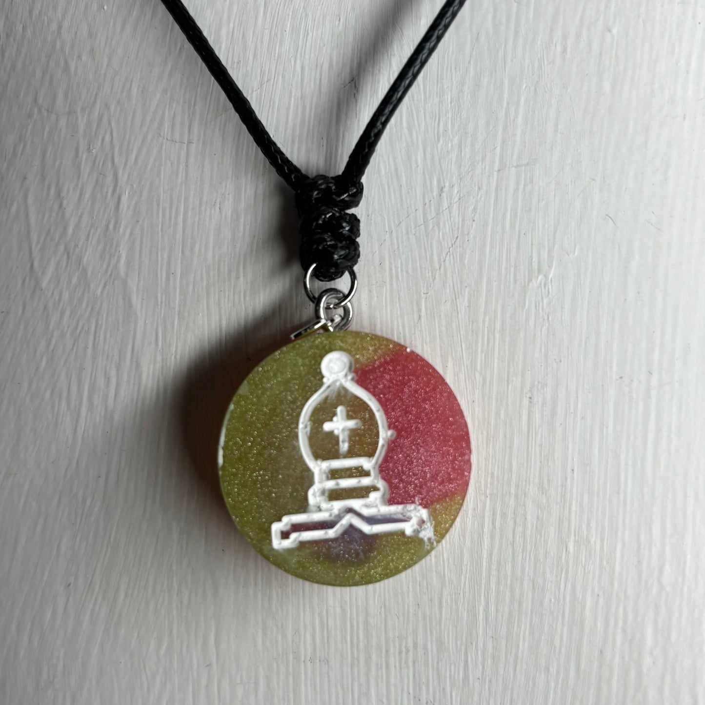 Green & Pink Bishop - Handmade Resin Chess Necklace