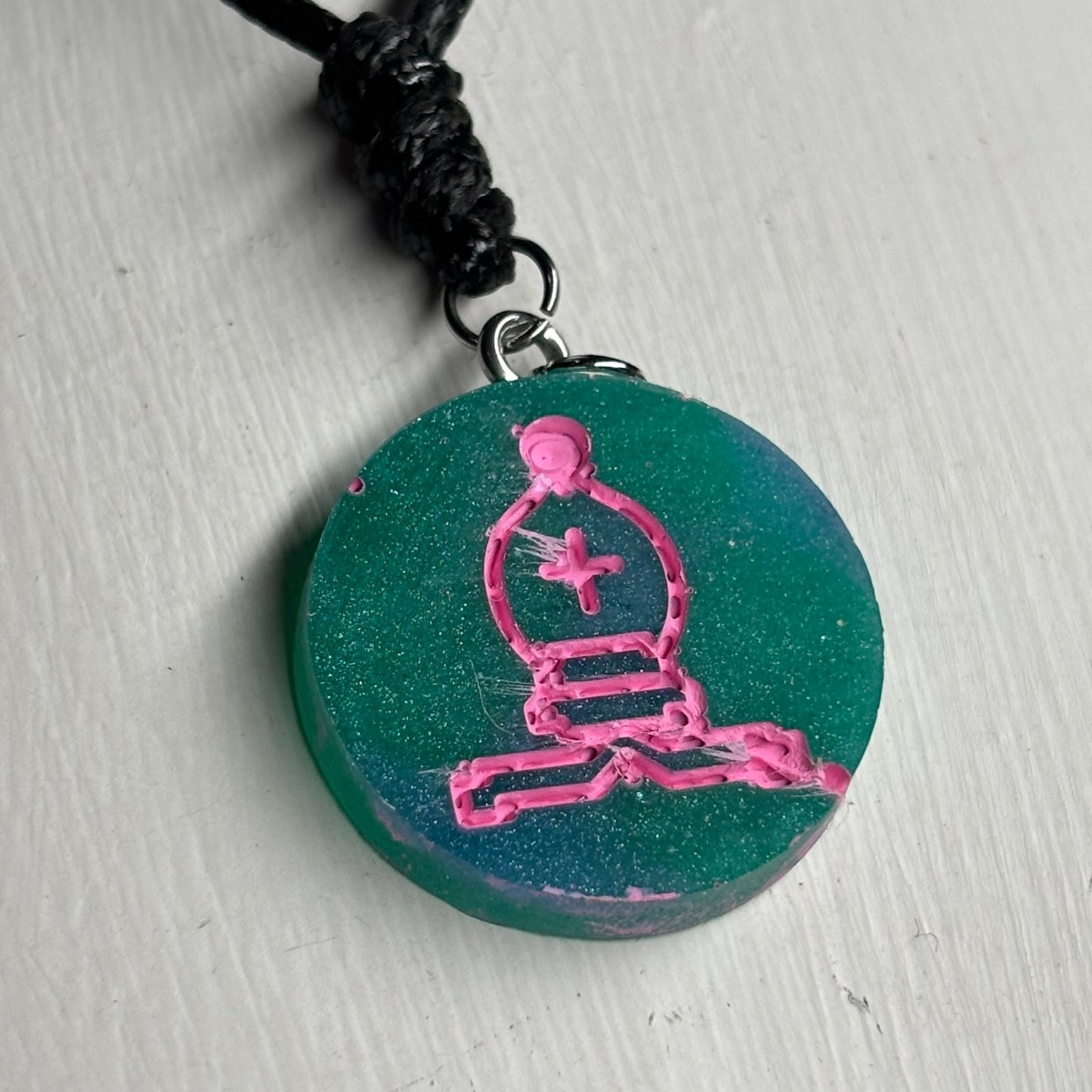 Aqua Pink Bishop - Handmade Resin Chess Necklace
