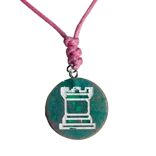 Pearl Green Rook - Handmade Resin Chess Necklace