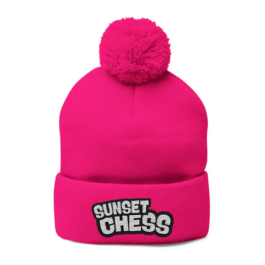 Sunset Chess - Pom Pom Hot Pink Beanie