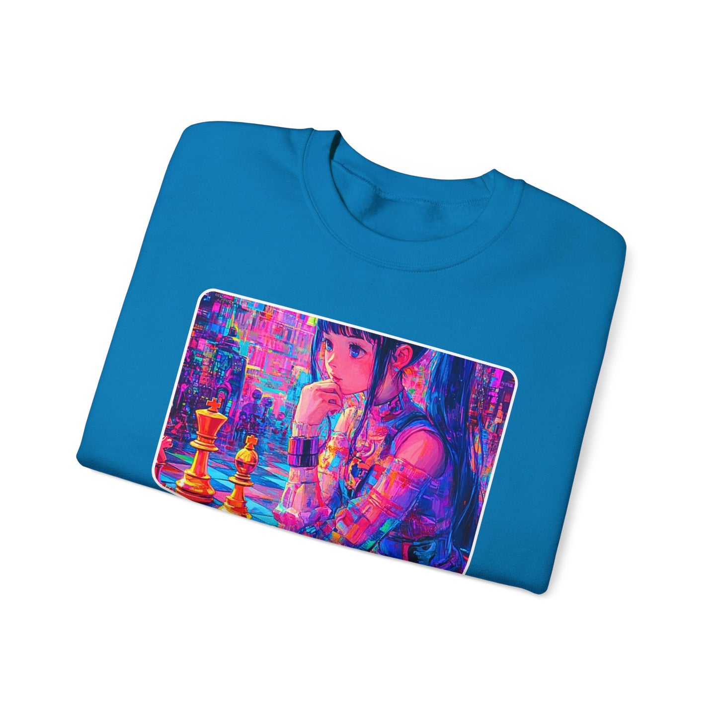 Anime Girl Thinks - Sapphire Blue Chess Crewneck Sweater
