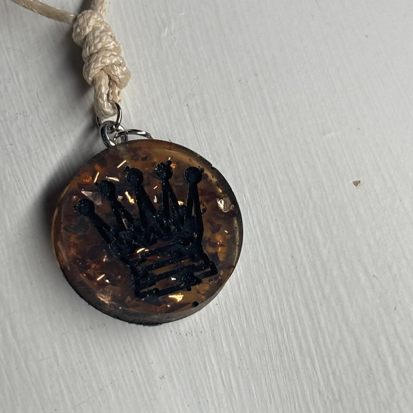 Dark Amber Vintage Queen - Handmade Resin Chess Necklace