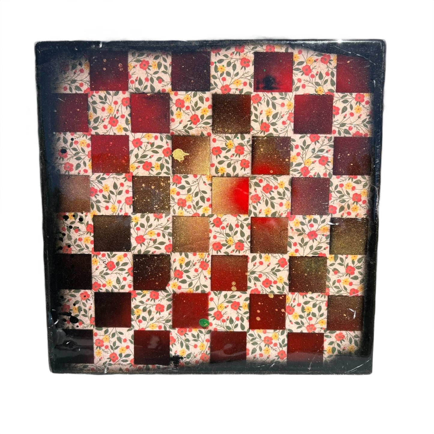 Goldish Red Flower Pattern - Resin Coated Chess Board