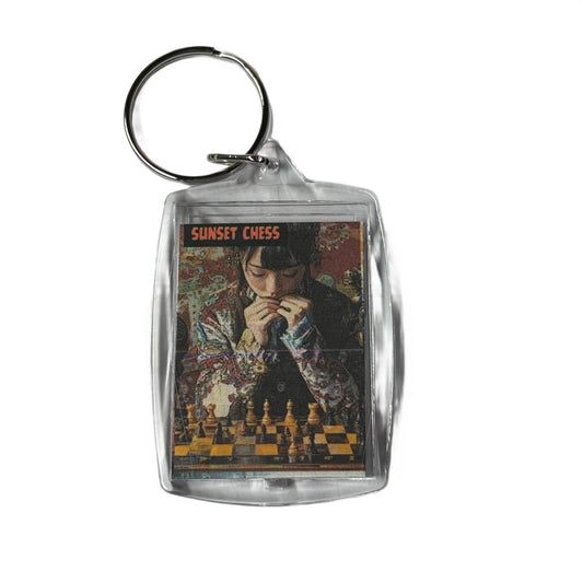Asian Woman Plays Chess - Sunset Chess Photo Keychain