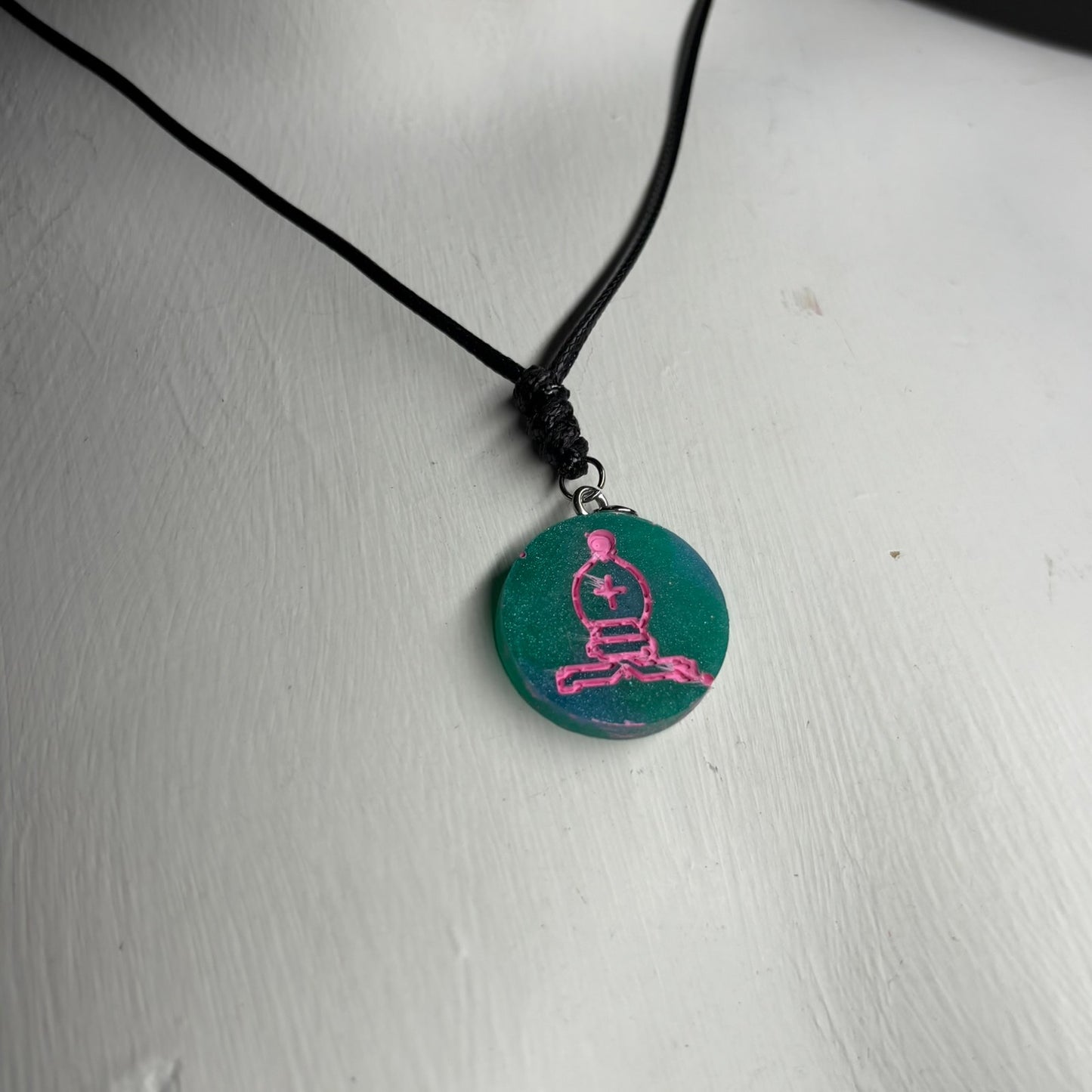Aqua Pink Bishop - Handmade Resin Chess Necklace