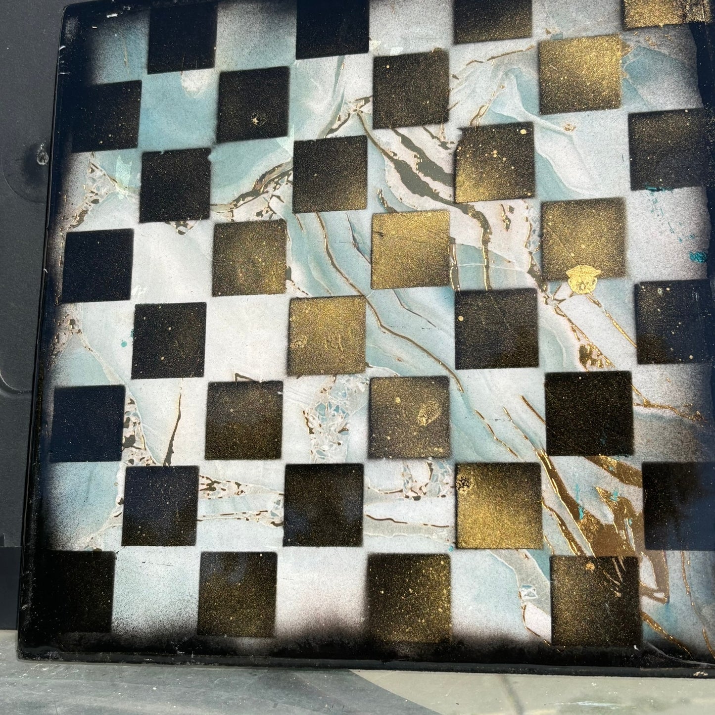 Golden Sky Blue Marble Style - Resin Coated Chess Board