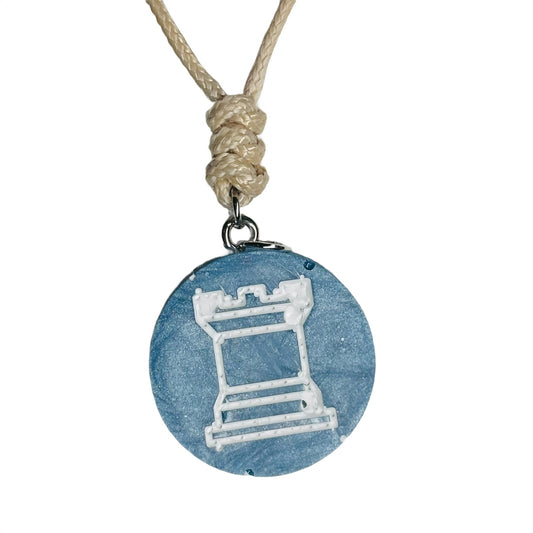 Cream Blue Rook - Handmade Resin Chess Necklace
