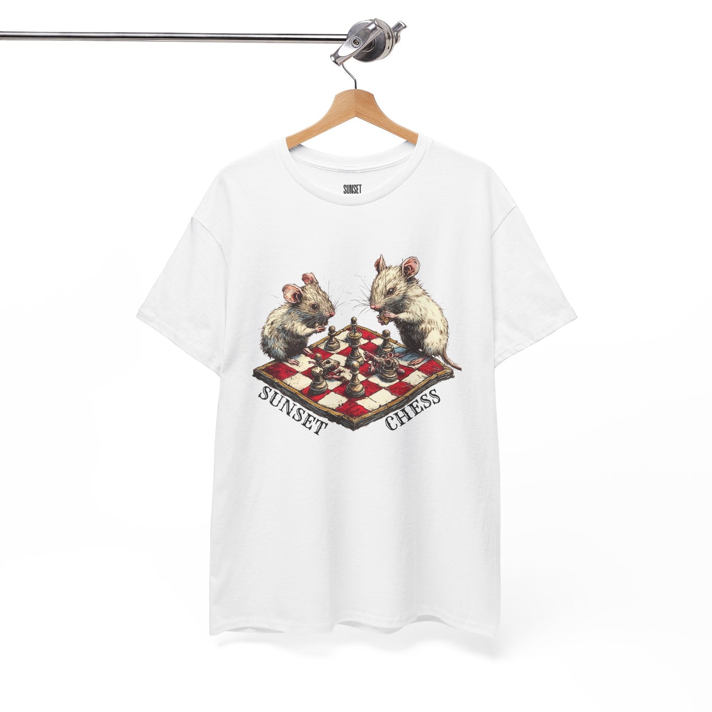 Rats Playing Chess - White Tee - Unisex Heavy Cotton Tee