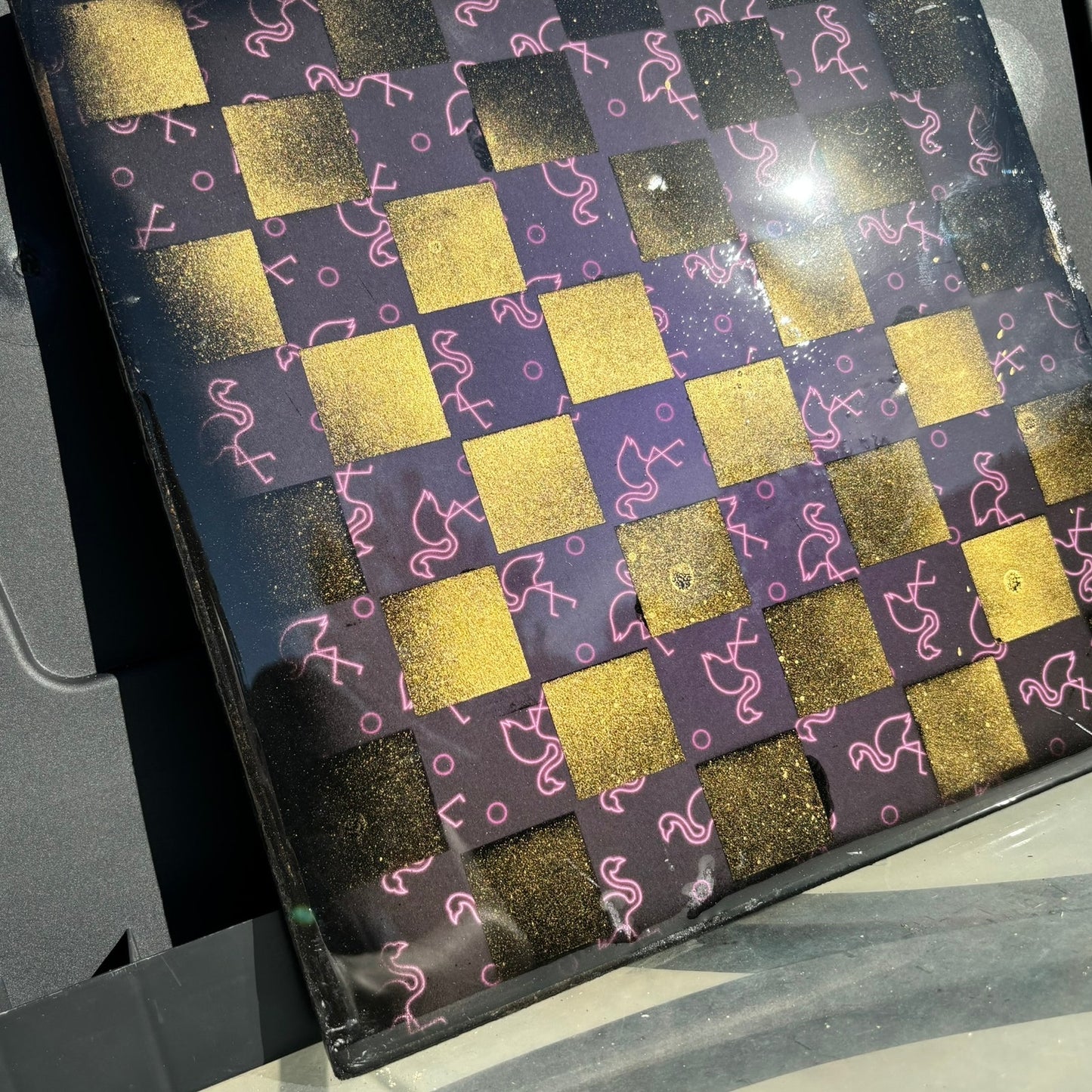 Golden Pink Flamingo - Resin Coated Chess Board