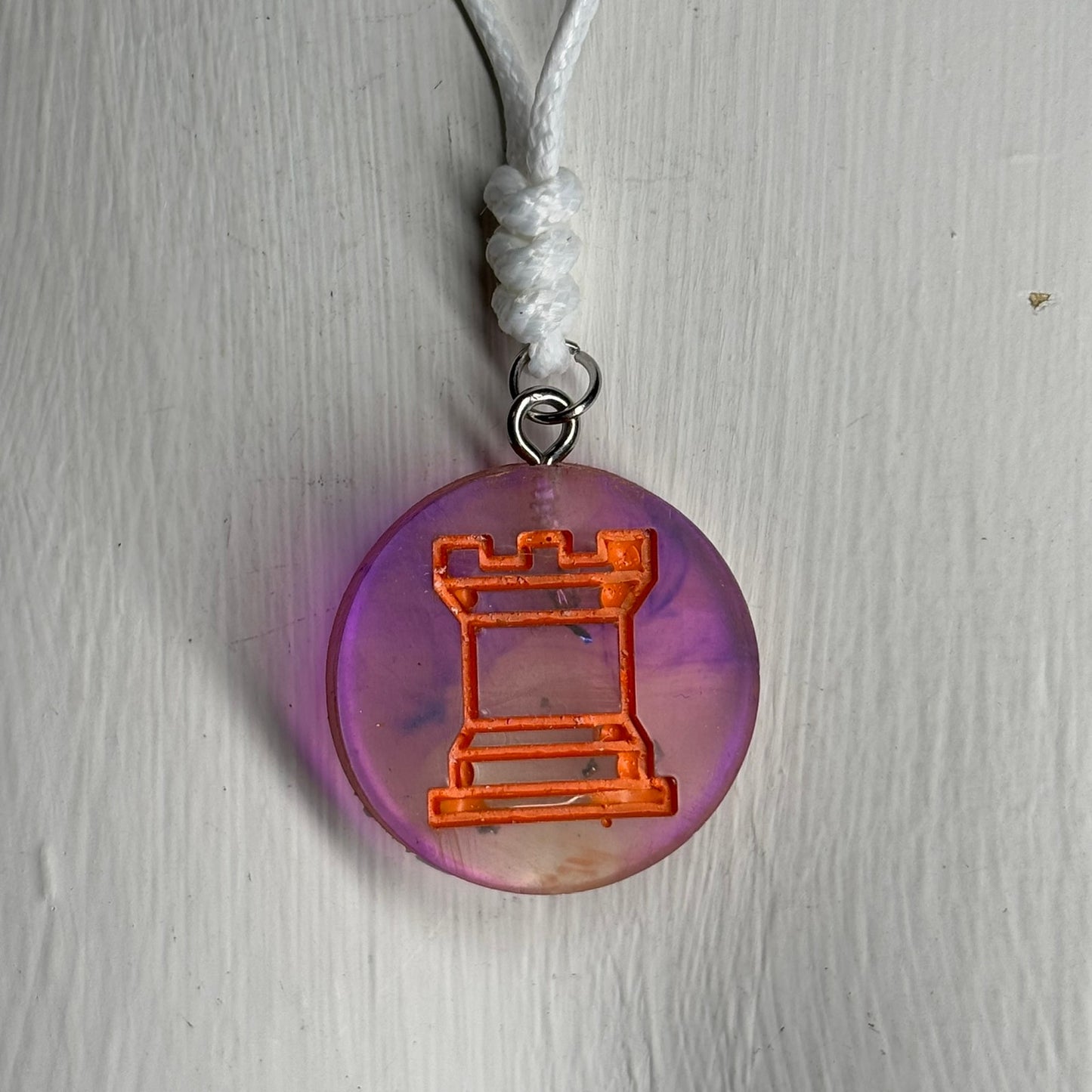 Purple Orange Swirl Rook - Handmade Resin Chess Necklace