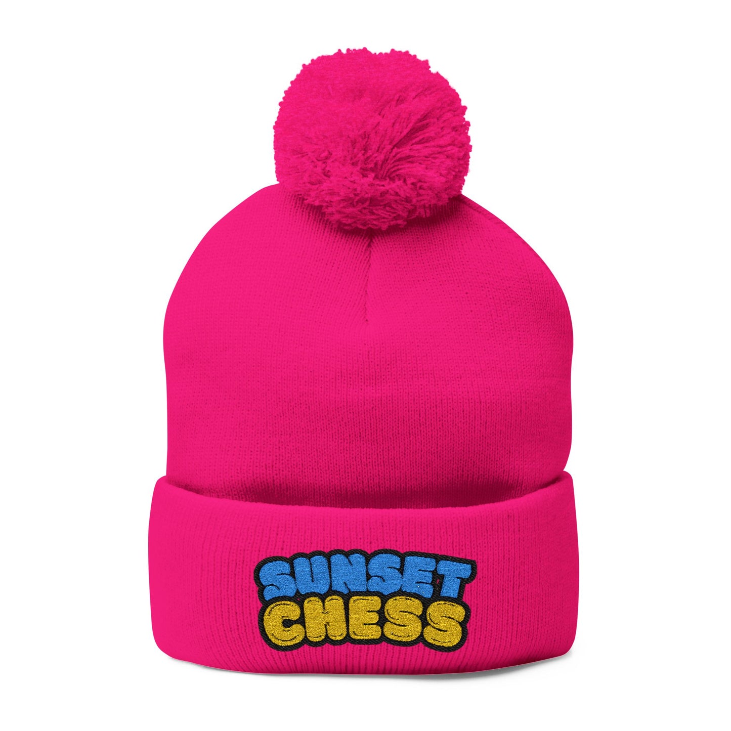 Sunset Chess - Pom Pom Neon Pink Beanie