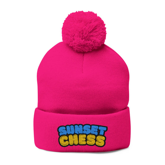 Sunset Chess - Pom Pom Neon Pink Beanie
