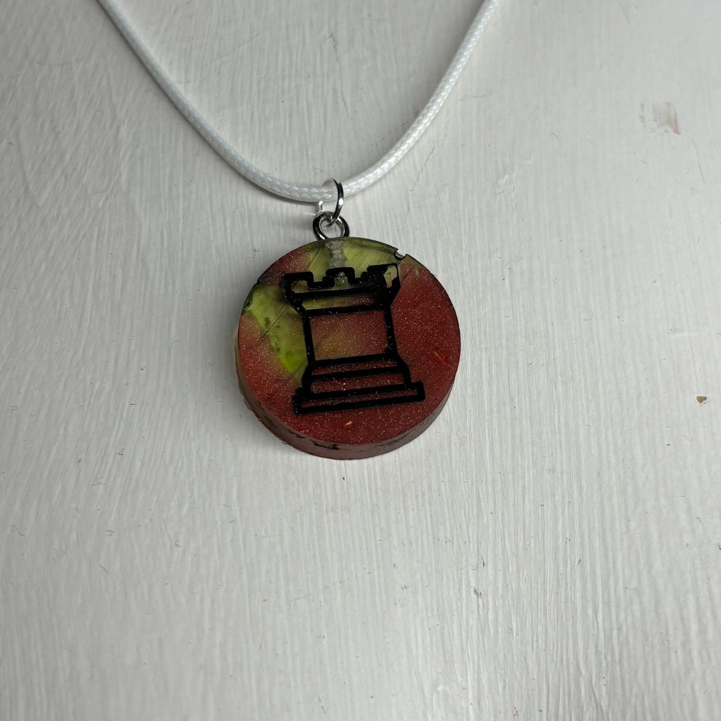 Red & Green Rook - Handmade Resin Chess Necklace