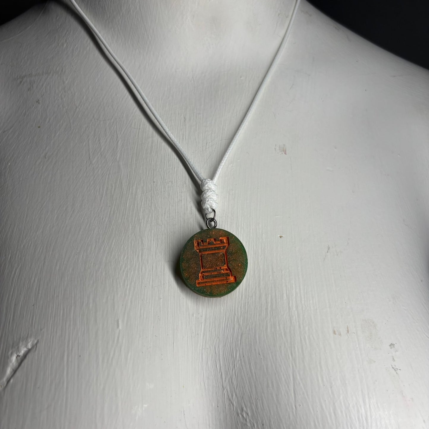 Rustic Green/Orange Rook - Handmade Resin Chess Necklace