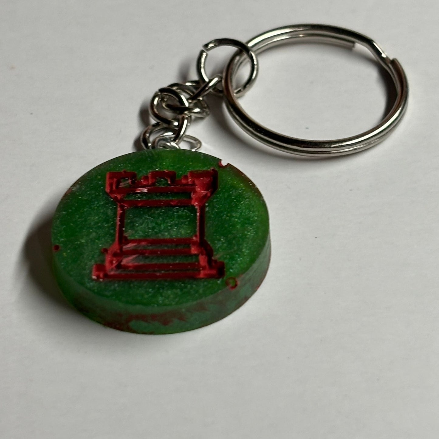 Dark Green, Red Lining Rook - Handmade Resin Keychain - Flat Edition