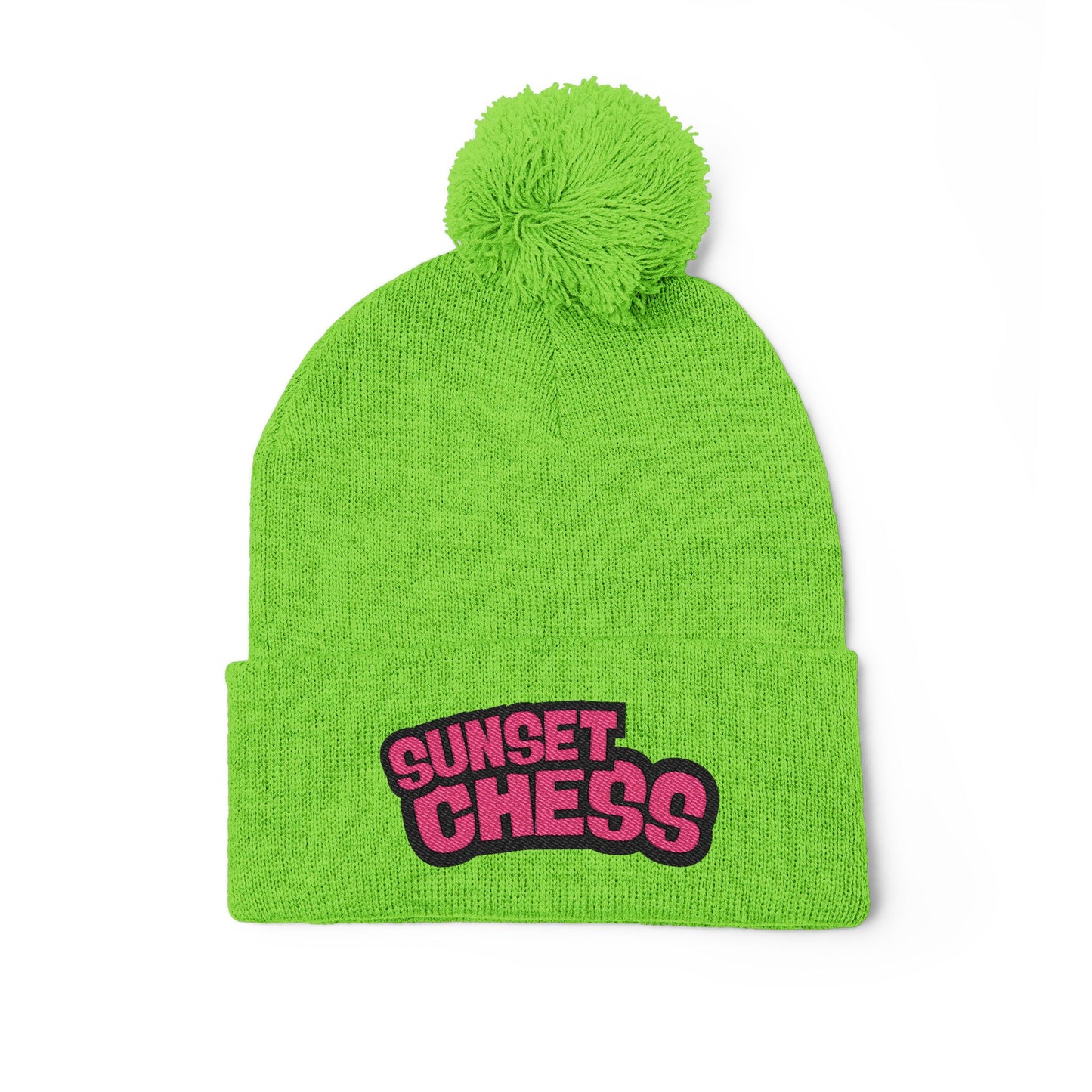 Sunset Chess Pink Text - Neon Green Pom Pom Beanie