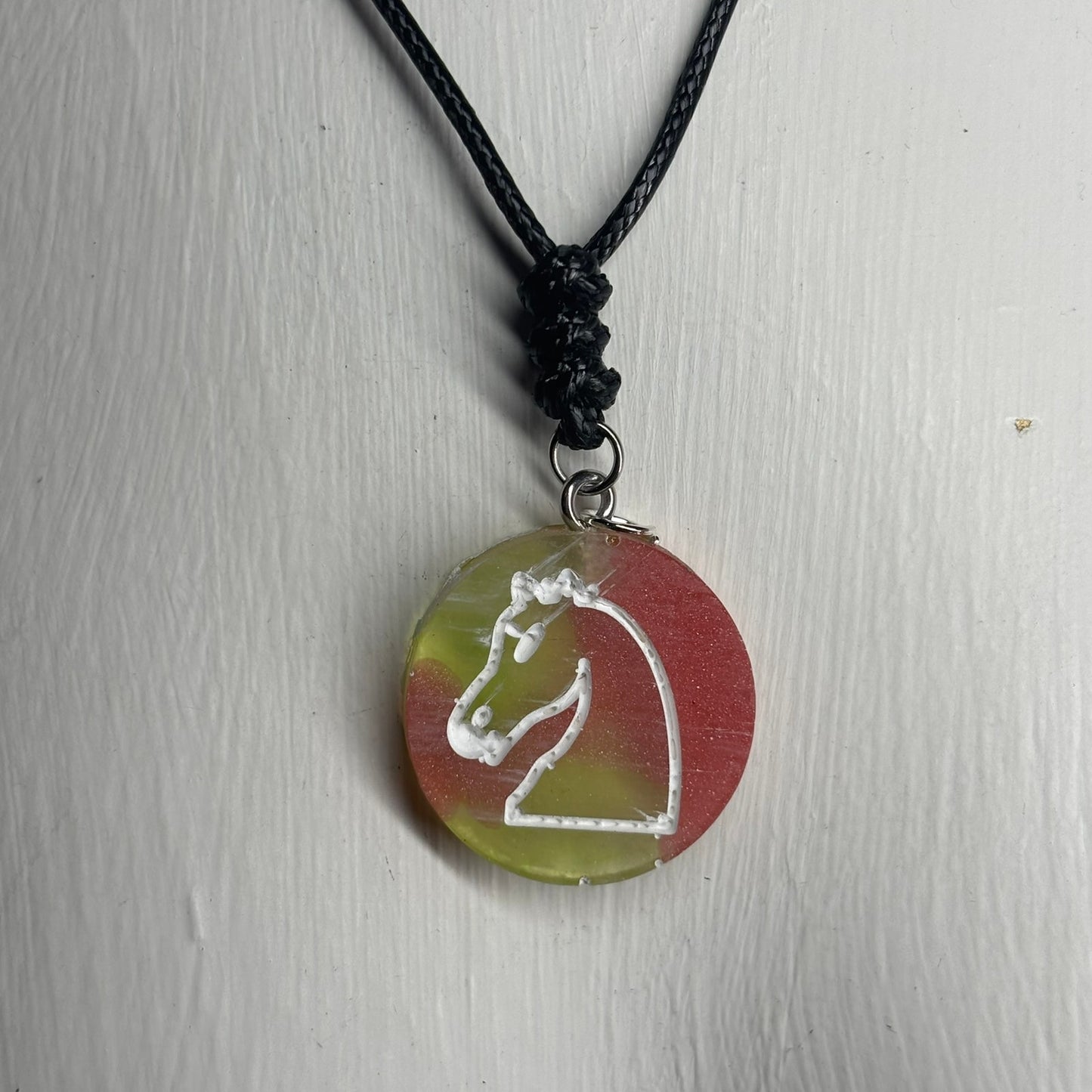 Pink Green Swirl Knight - Handmade Resin Chess Necklace