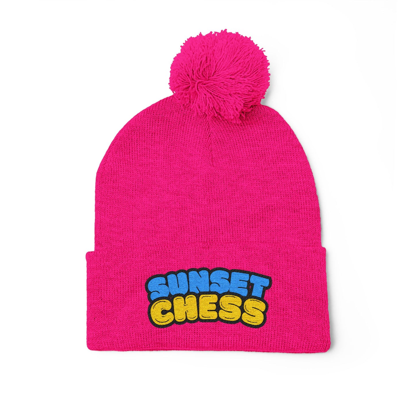 Sunset Chess - Pom Pom Neon Pink Beanie