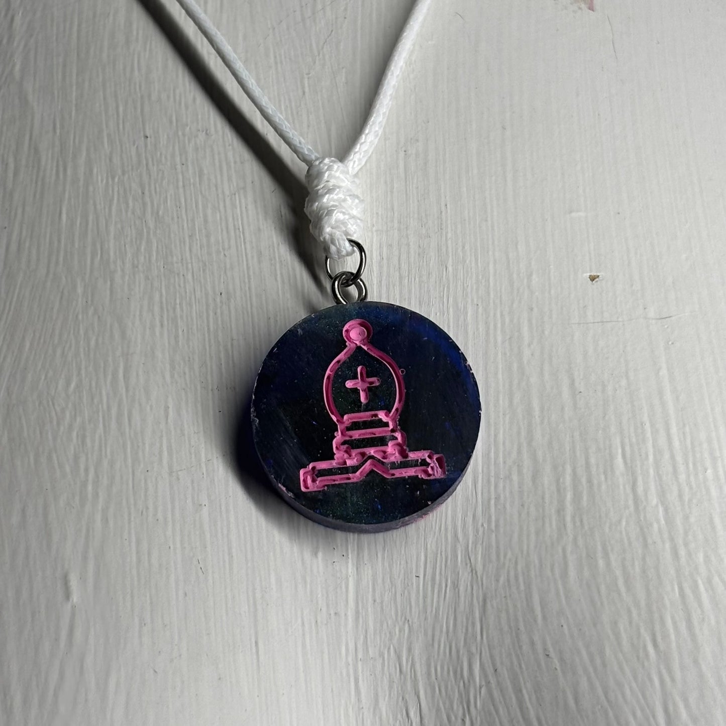 Navy Blue Pink Bishop - Handmade Resin Chess Necklace