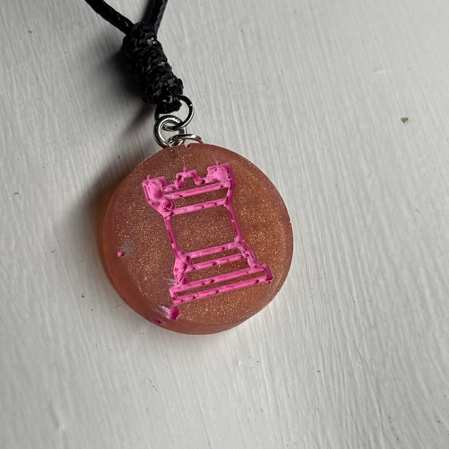 Burning Pink Rook - Handmade Resin Chess Necklace