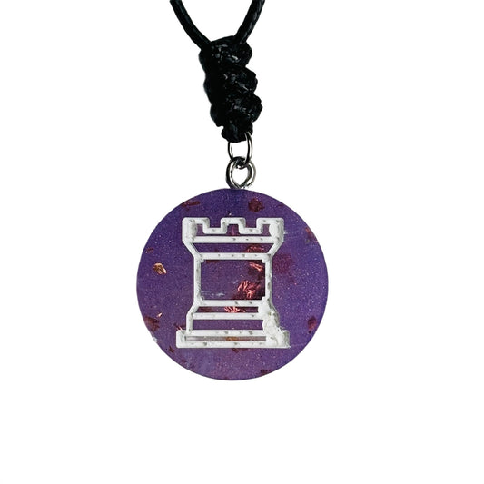 Purple Crystal Rook - Handmade Resin Chess Necklace - Flat Edition