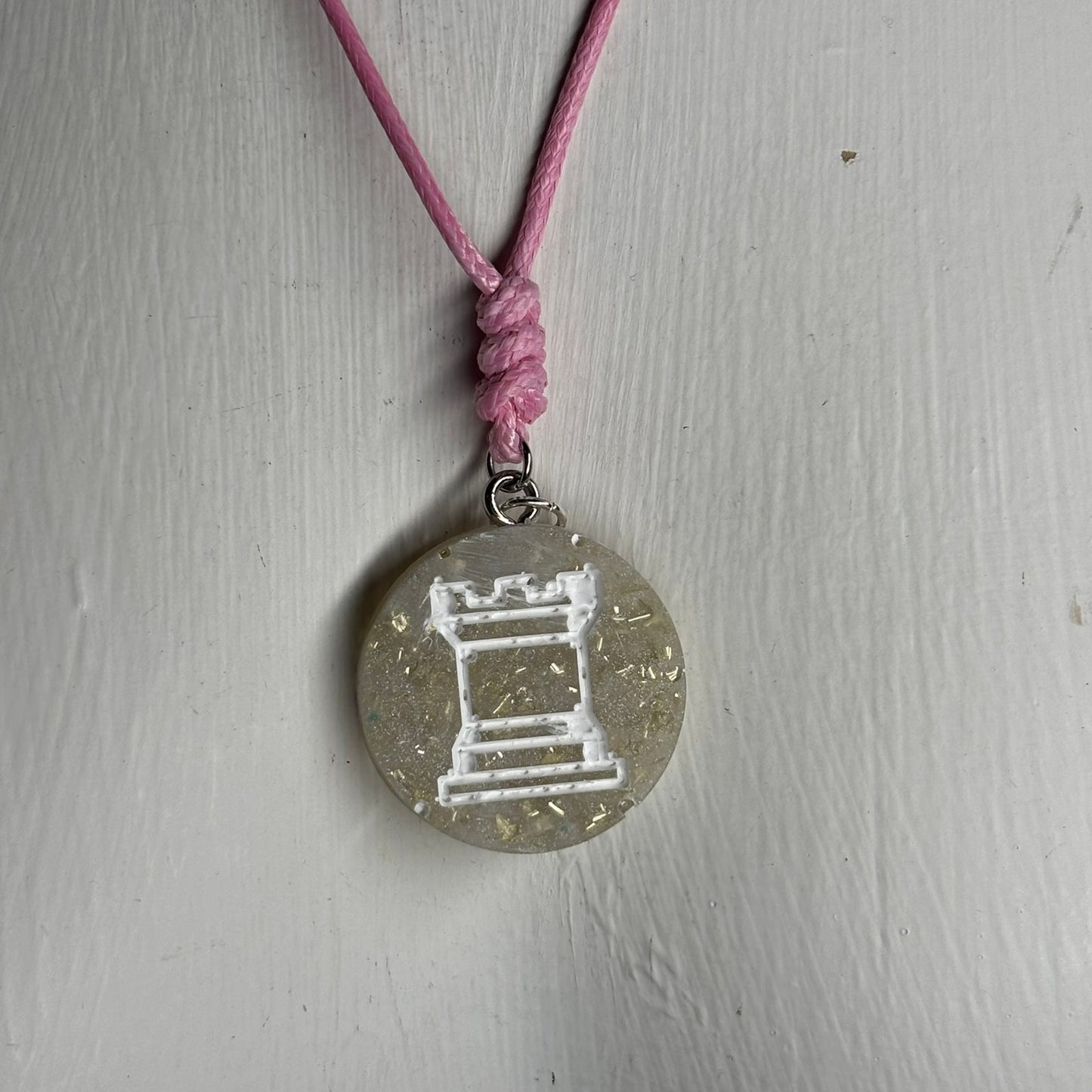 Pink Crystal Rook - Handmade Resin Chess Necklace