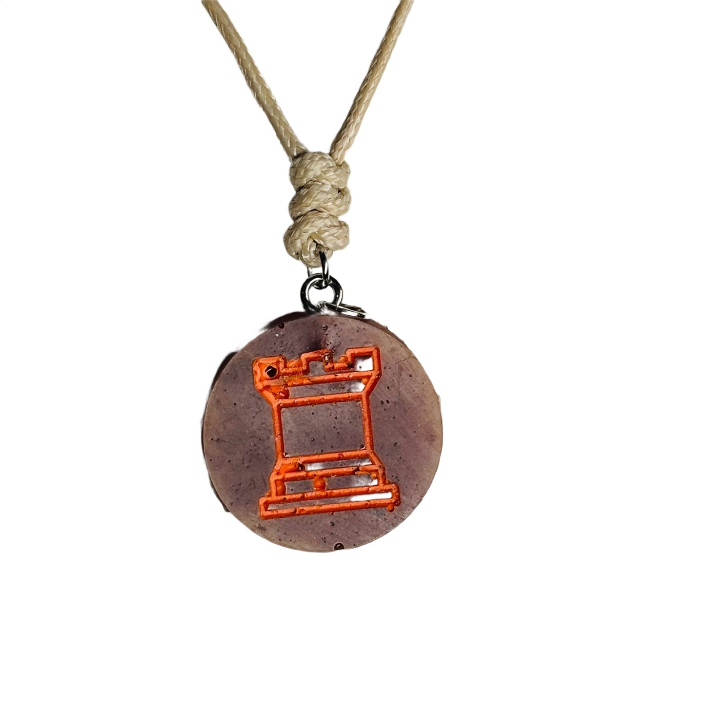 Vintage Orange Print Rook - Handmade Resin Chess Necklace
