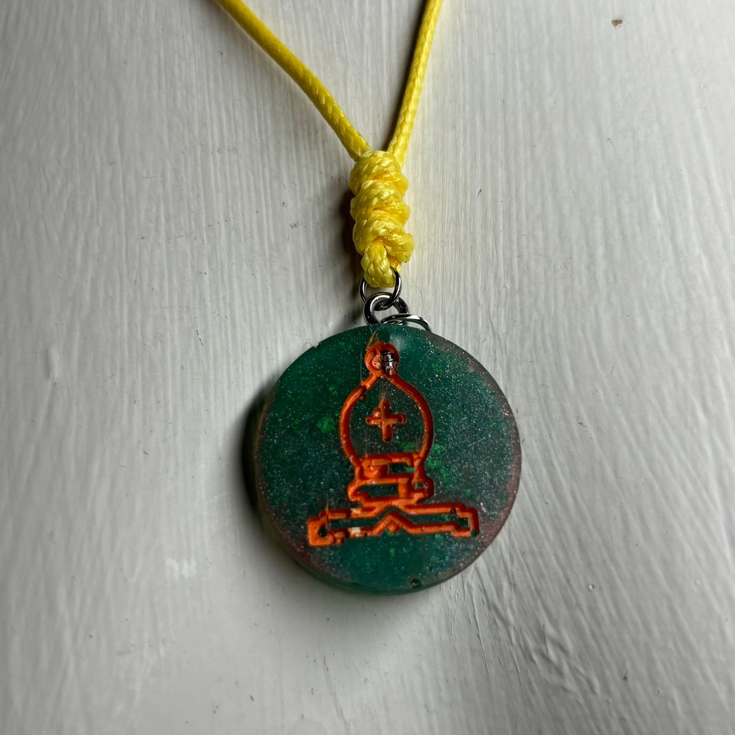 Green & Orange Bishop - Handmade Resin Chess Necklace