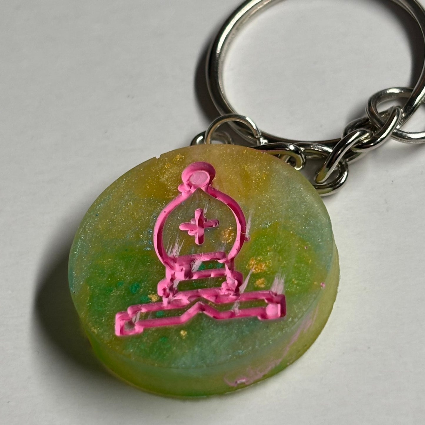 Lime Green Pink Bishop - Handmade Resin Keychain