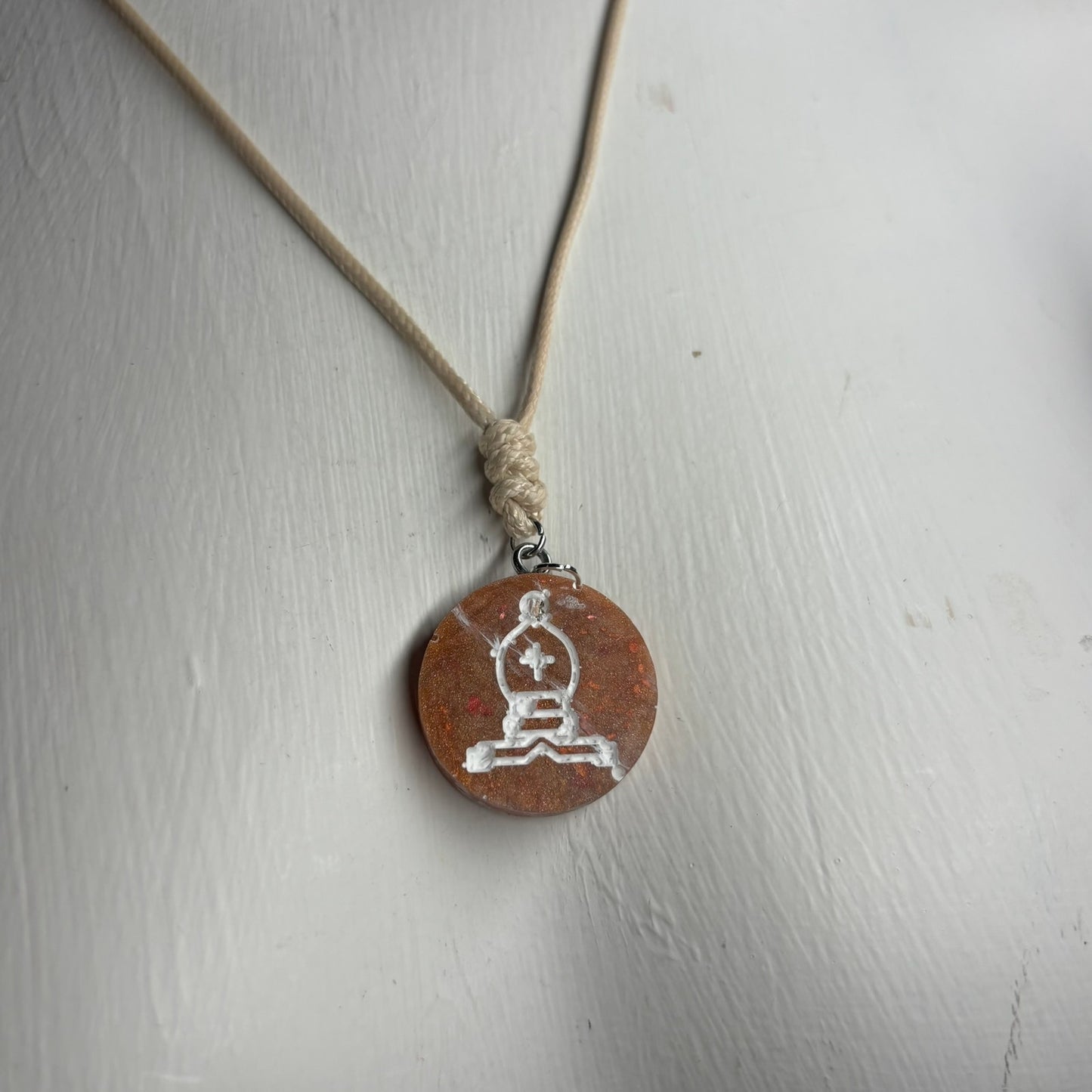 Cream Crystal Orange Bishop - Handmade Resin Chess Necklace