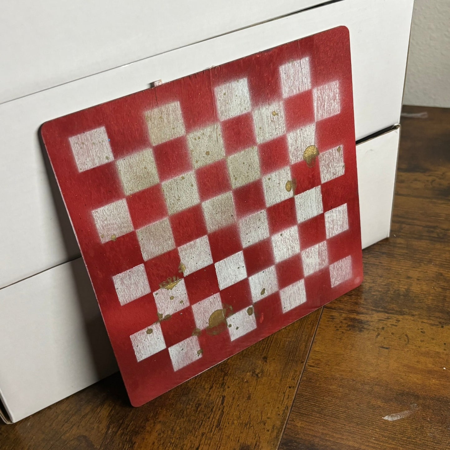Red And White Golden Hue - Painted Thin Wooden Chess Board