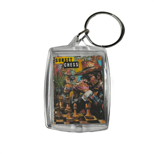 The Big Dog Ponders The Game - Sunset Chess Photo Keychain