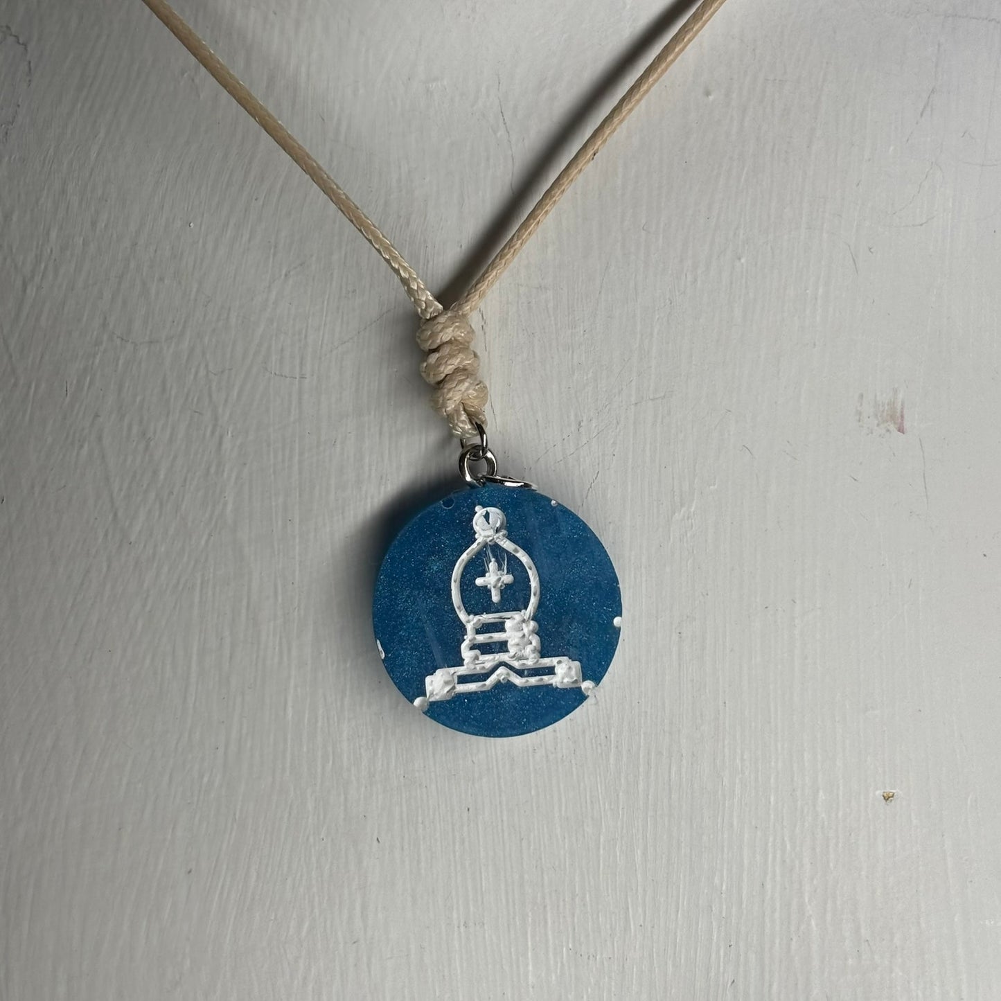 Cream Blue Bishop - Handmade Resin Chess Necklace